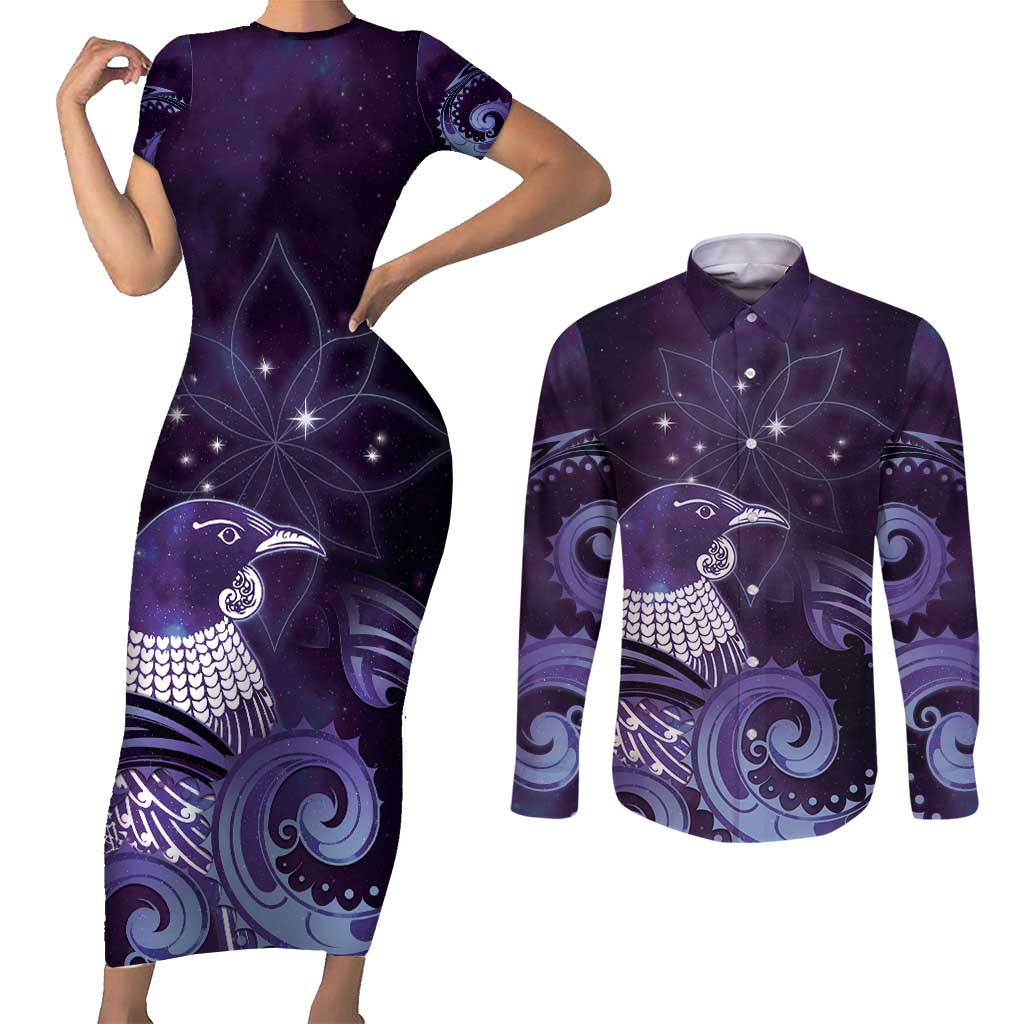 New Zealand Matariki Couples Matching Short Sleeve Bodycon Dress and Long Sleeve Button Shirt Maori Tui Bird Purple Galaxy