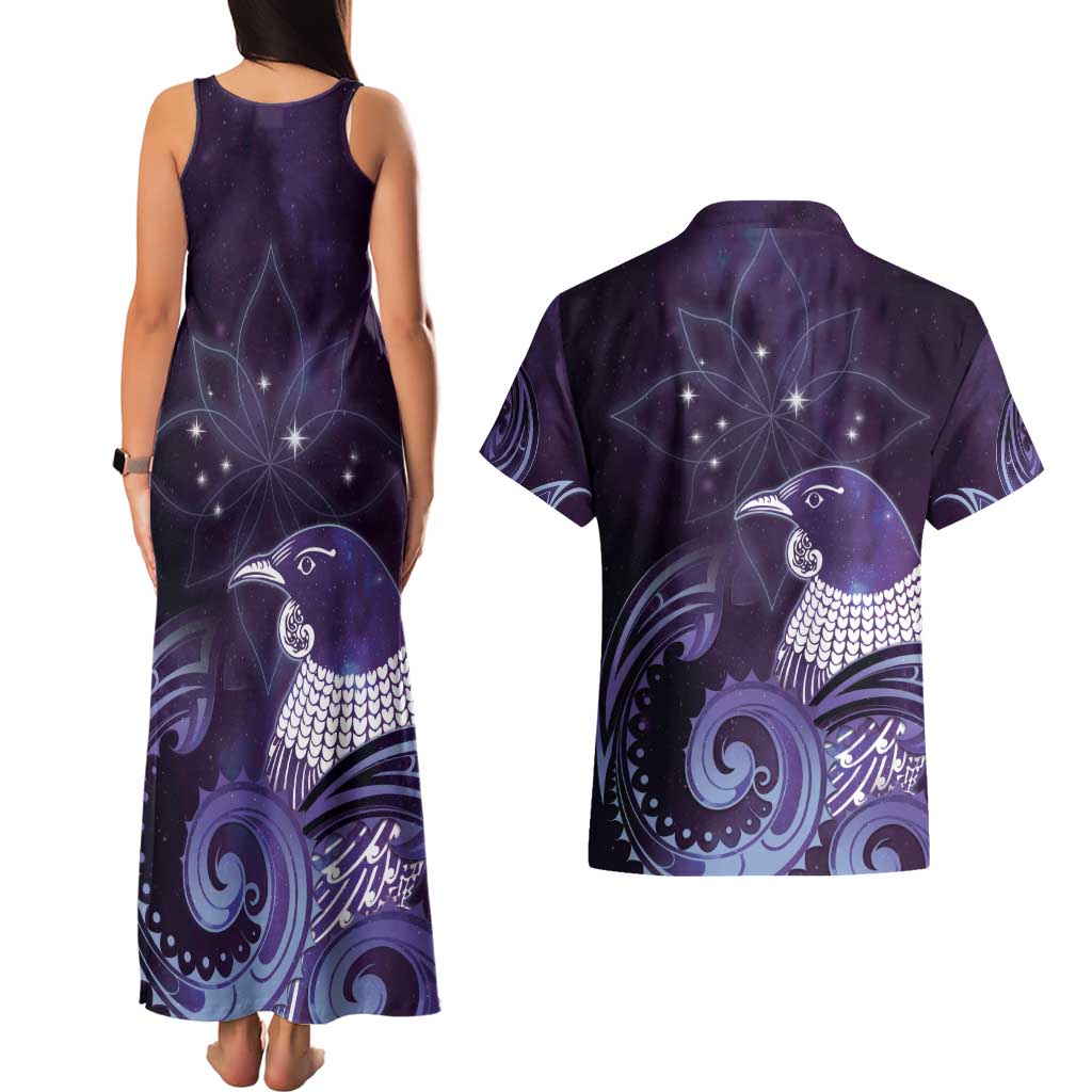 New Zealand Matariki Couples Matching Tank Maxi Dress and Hawaiian Shirt Maori Tui Bird Purple Galaxy