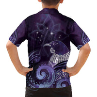 New Zealand Matariki Family Matching Off The Shoulder Long Sleeve Dress and Hawaiian Shirt Maori Tui Bird Purple Galaxy