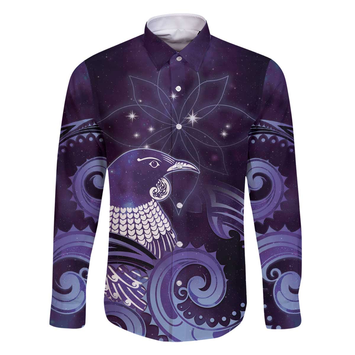 New Zealand Matariki Family Matching Off The Shoulder Long Sleeve Dress and Hawaiian Shirt Maori Tui Bird Purple Galaxy
