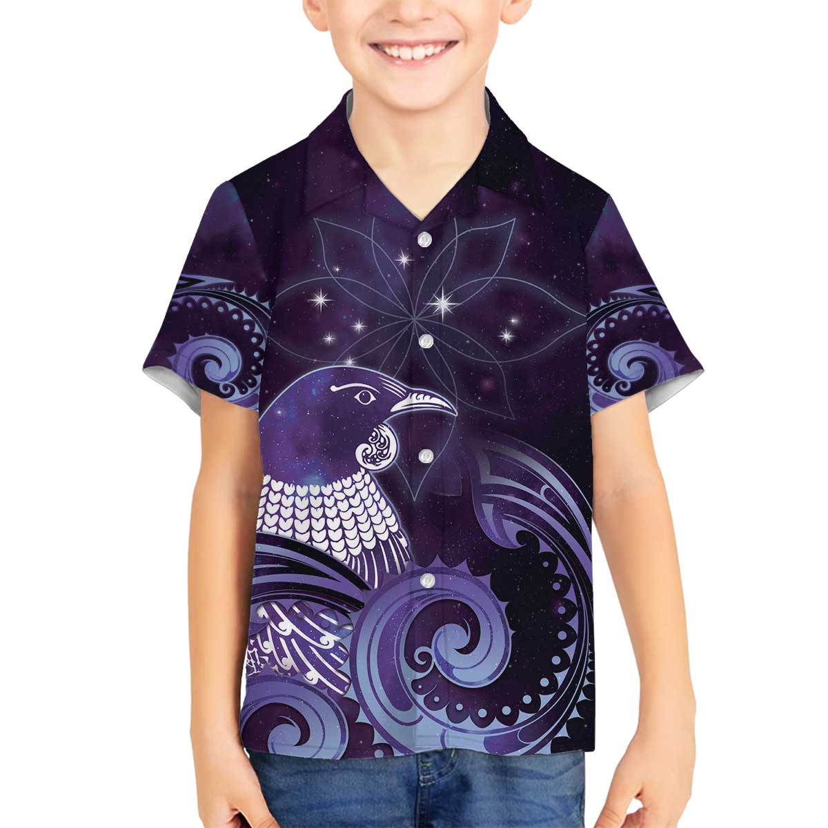 New Zealand Matariki Family Matching Off The Shoulder Long Sleeve Dress and Hawaiian Shirt Maori Tui Bird Purple Galaxy
