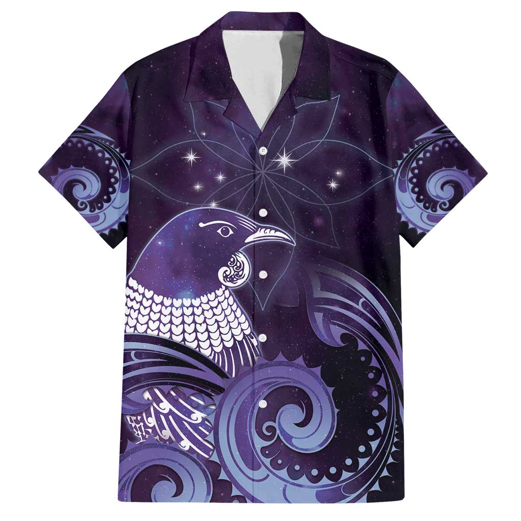 New Zealand Matariki Family Matching Off Shoulder Maxi Dress and Hawaiian Shirt Maori Tui Bird Purple Galaxy