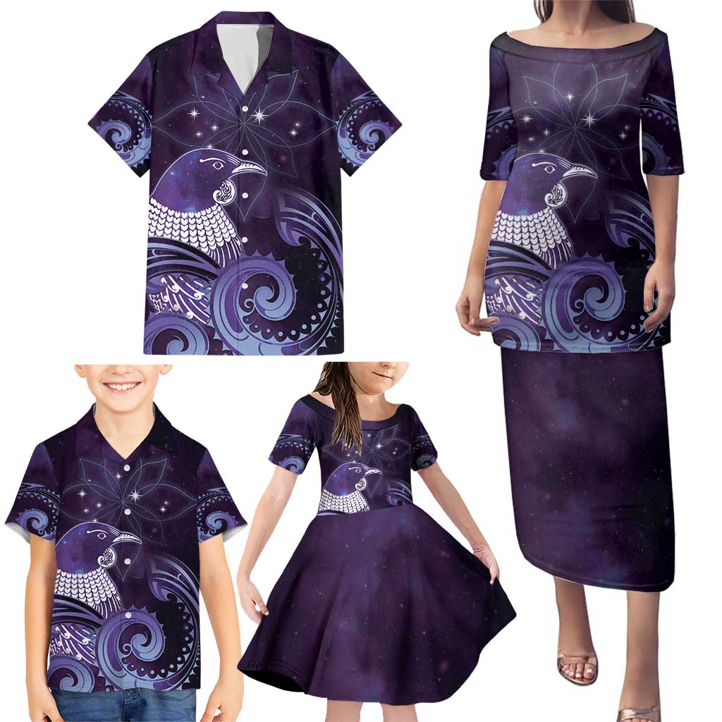 New Zealand Matariki Family Matching Puletasi and Hawaiian Shirt Maori Tui Bird Purple Galaxy