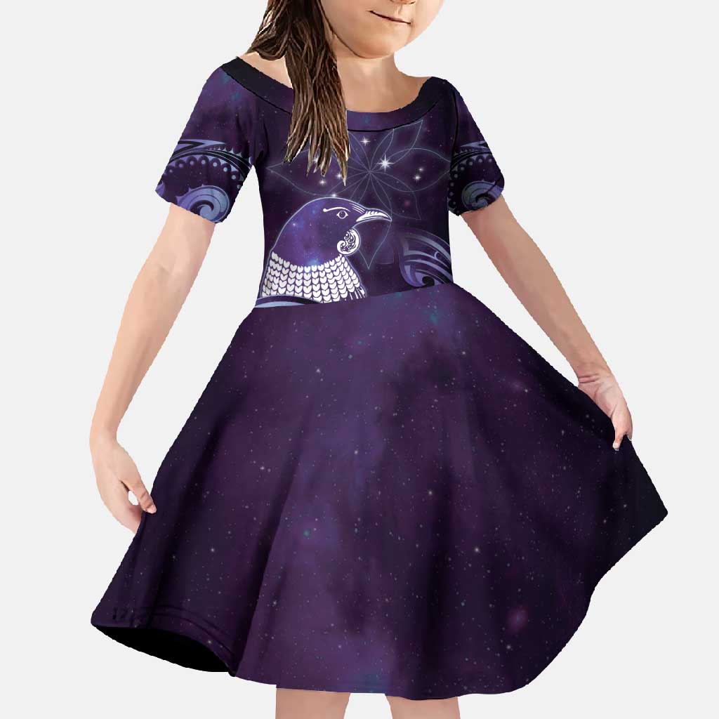 New Zealand Matariki Family Matching Short Sleeve Bodycon Dress and Hawaiian Shirt Maori Tui Bird Purple Galaxy