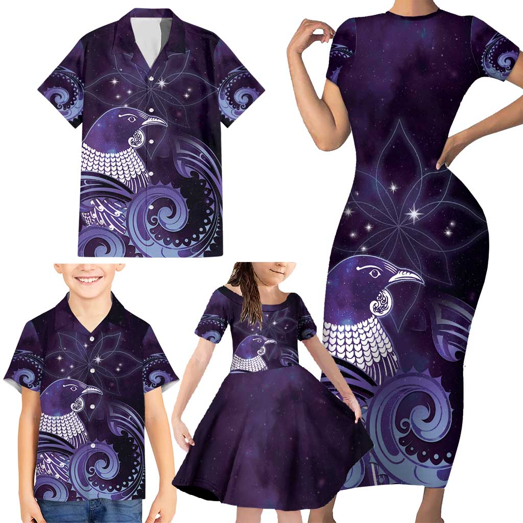 New Zealand Matariki Family Matching Short Sleeve Bodycon Dress and Hawaiian Shirt Maori Tui Bird Purple Galaxy