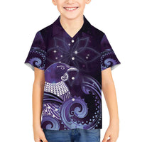 New Zealand Matariki Family Matching Short Sleeve Bodycon Dress and Hawaiian Shirt Maori Tui Bird Purple Galaxy