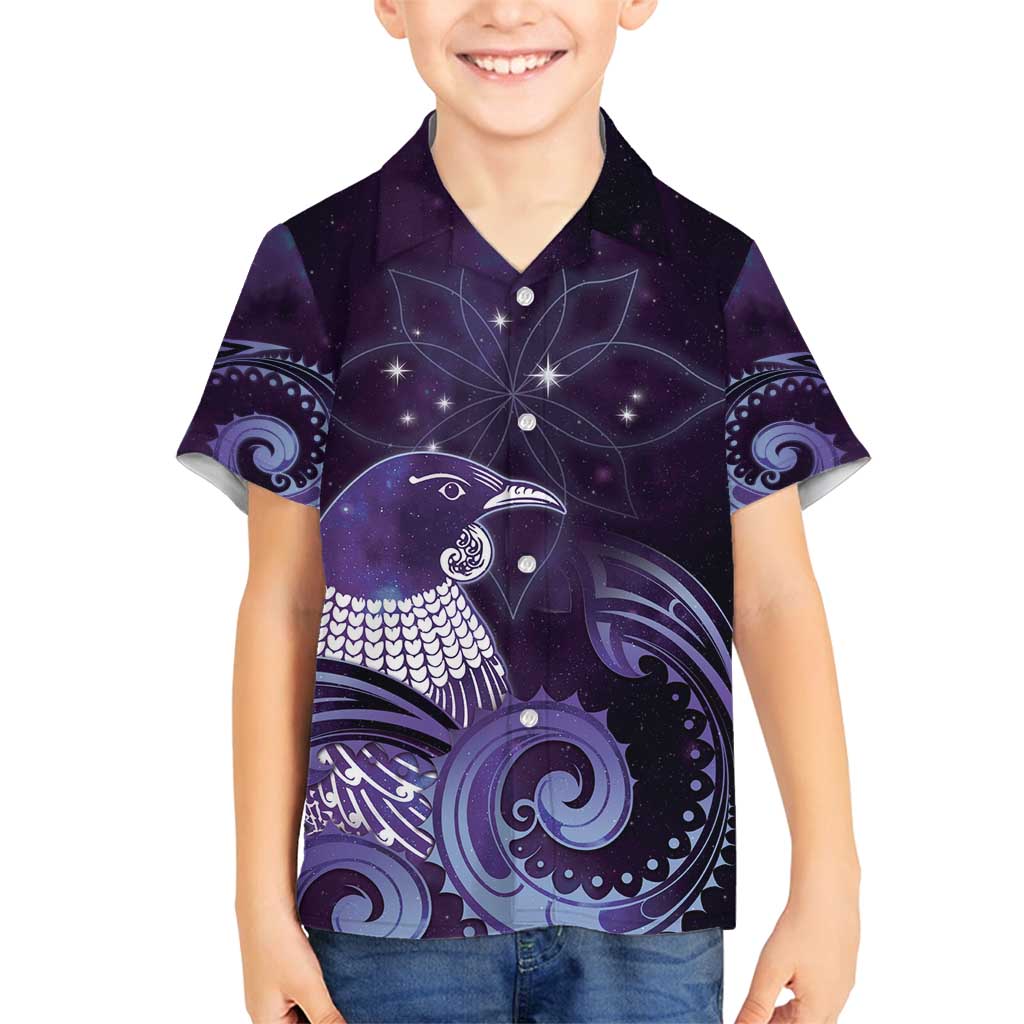 New Zealand Matariki Family Matching Summer Maxi Dress and Hawaiian Shirt Maori Tui Bird Purple Galaxy