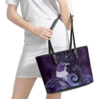 New Zealand Matariki Leather Tote Bag Maori Tui Bird Purple Galaxy