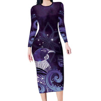 New Zealand Matariki Long Sleeve Bodycon Dress Maori Tui Bird Purple Galaxy