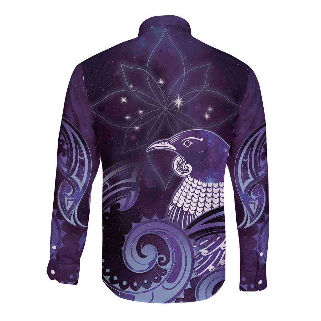 New Zealand Matariki Long Sleeve Button Shirt Maori Tui Bird Purple Galaxy