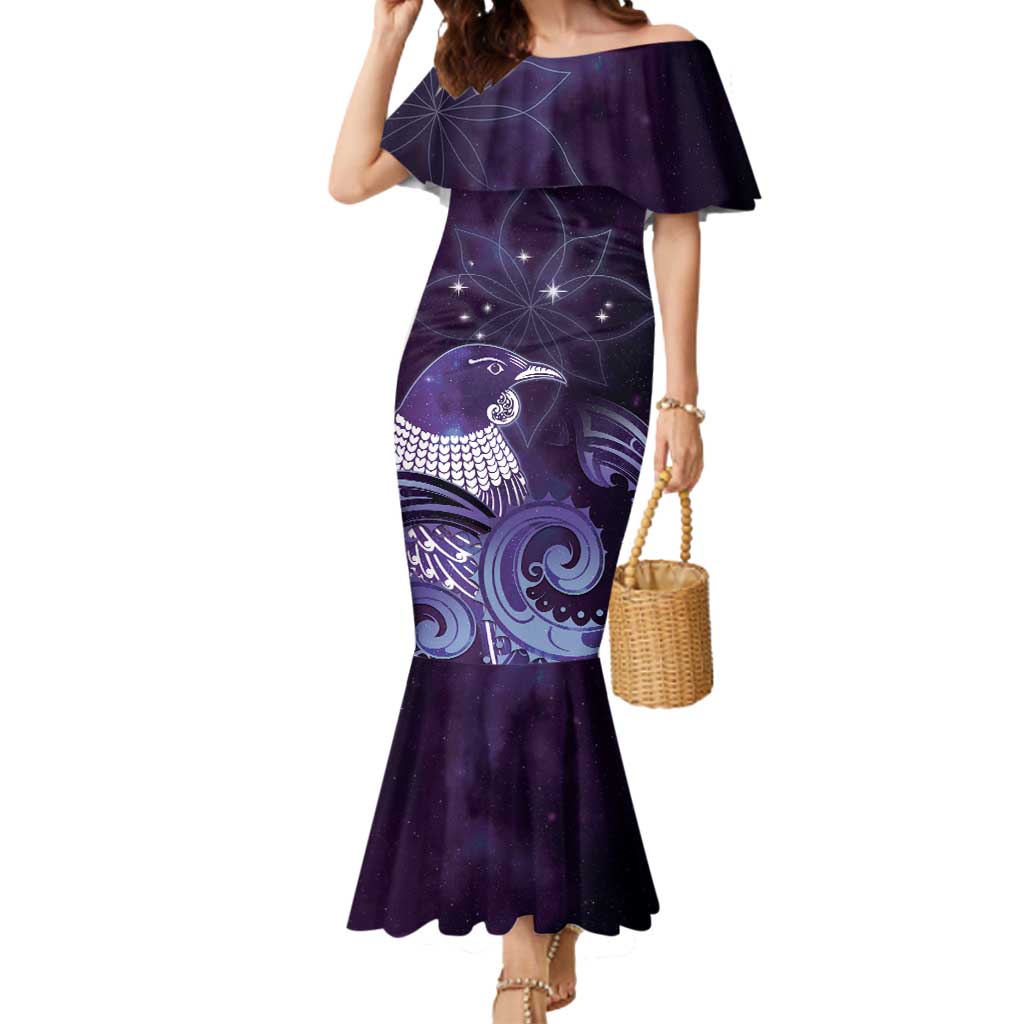 New Zealand Matariki Mermaid Dress Maori Tui Bird Purple Galaxy