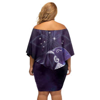 New Zealand Matariki Off Shoulder Short Dress Maori Tui Bird Purple Galaxy