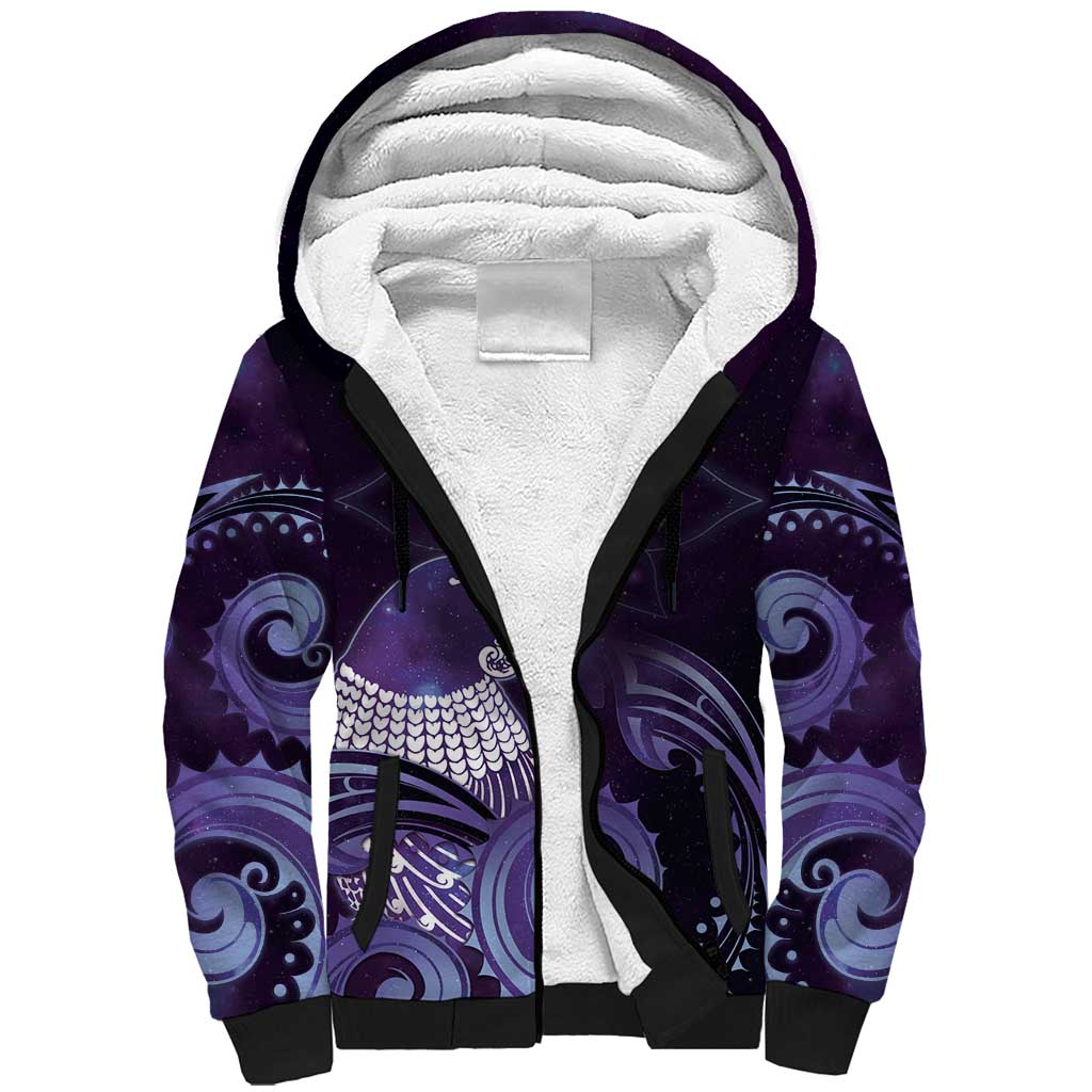 New Zealand Matariki Sherpa Hoodie Maori Tui Bird Purple Galaxy