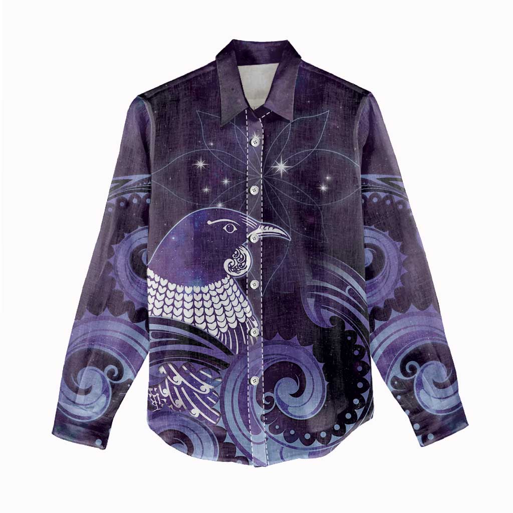New Zealand Matariki Women Casual Shirt Maori Tui Bird Purple Galaxy
