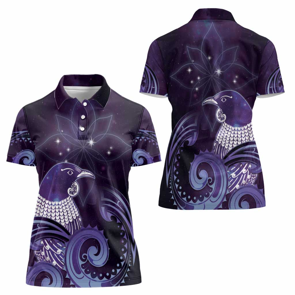 New Zealand Matariki Women Polo Shirt Maori Tui Bird Purple Galaxy