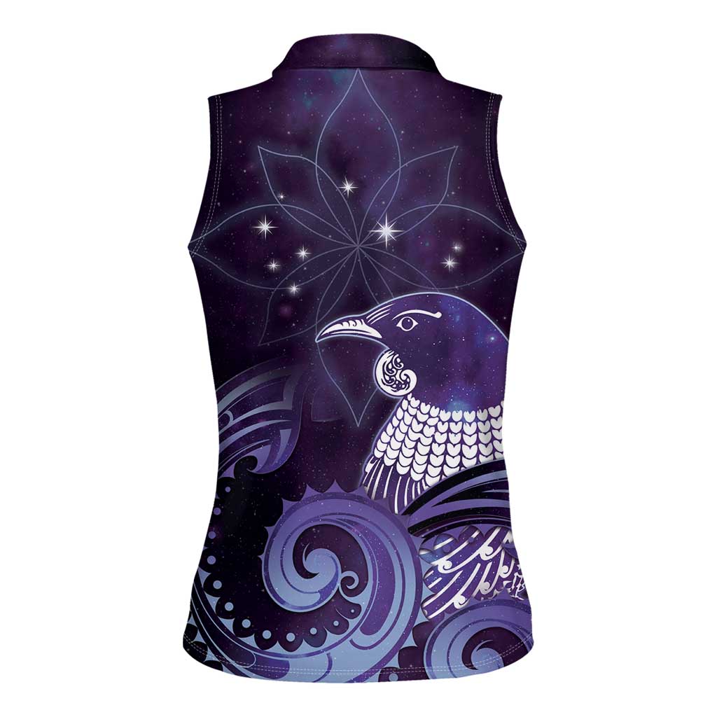 New Zealand Matariki Women Sleeveless Polo Shirt Maori Tui Bird Purple Galaxy
