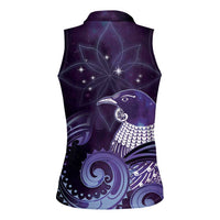 New Zealand Matariki Women Sleeveless Polo Shirt Maori Tui Bird Purple Galaxy