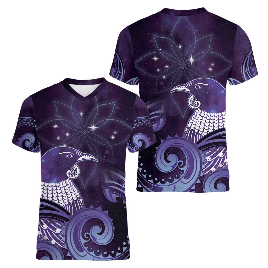 New Zealand Matariki Women V-Neck T-Shirt Maori Tui Bird Purple Galaxy