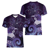 New Zealand Matariki Women V-Neck T-Shirt Maori Tui Bird Purple Galaxy
