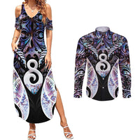 New Zealand Aotearoa Couples Matching Summer Maxi Dress and Long Sleeve Button Shirt Pikorua Single Twist Pink Paua Shell