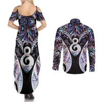 New Zealand Aotearoa Couples Matching Summer Maxi Dress and Long Sleeve Button Shirt Pikorua Single Twist Pink Paua Shell