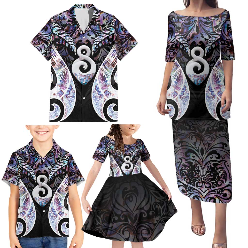 New Zealand Aotearoa Family Matching Puletasi and Hawaiian Shirt Pikorua Single Twist Pink Paua Shell