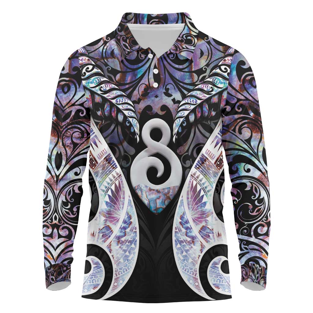 New Zealand Aotearoa Long Sleeve Polo Shirt Pikorua Single Twist Pink Paua Shell