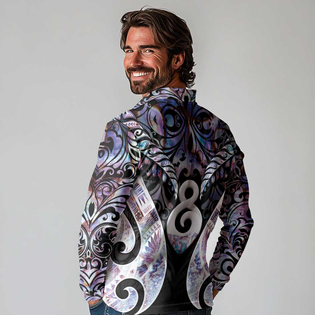 New Zealand Aotearoa Long Sleeve Polo Shirt Pikorua Single Twist Pink Paua Shell