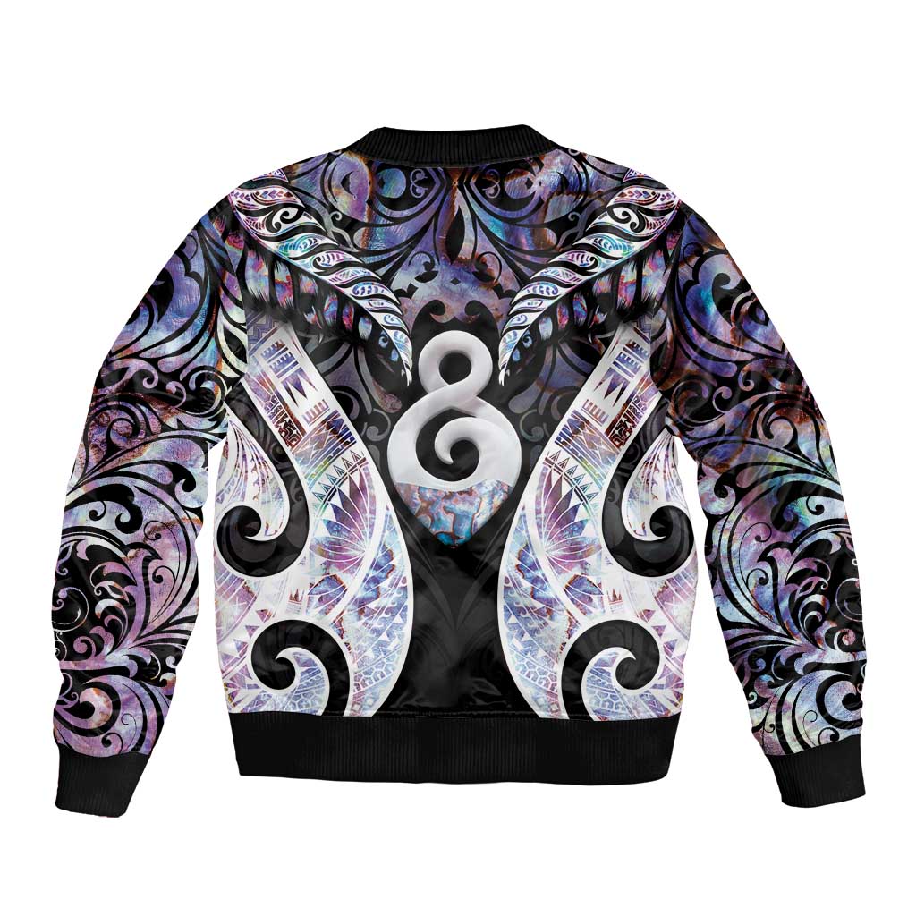 New Zealand Aotearoa Sleeve Zip Bomber Jacket Pikorua Single Twist Pink Paua Shell DT05 - Polynesian Pride