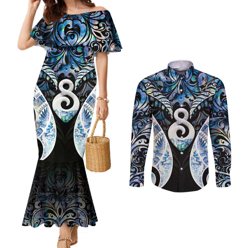 New Zealand Aotearoa Couples Matching Mermaid Dress and Long Sleeve Button Shirt Pikorua Single Twist Green Paua Shell