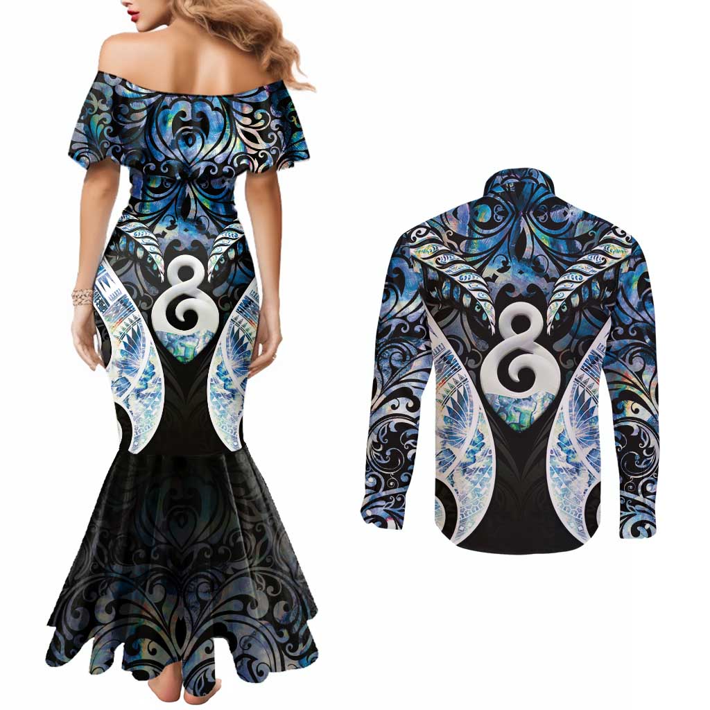 New Zealand Aotearoa Couples Matching Mermaid Dress and Long Sleeve Button Shirt Pikorua Single Twist Green Paua Shell
