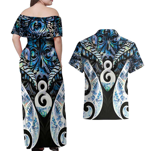 Personalised New Zealand Breast Cancer Couples Matching Off Shoulder Maxi Dress and Hawaiian Shirt Fight Like A Girl Pink Manaia Fern With Paua Shell LT14 main image 0