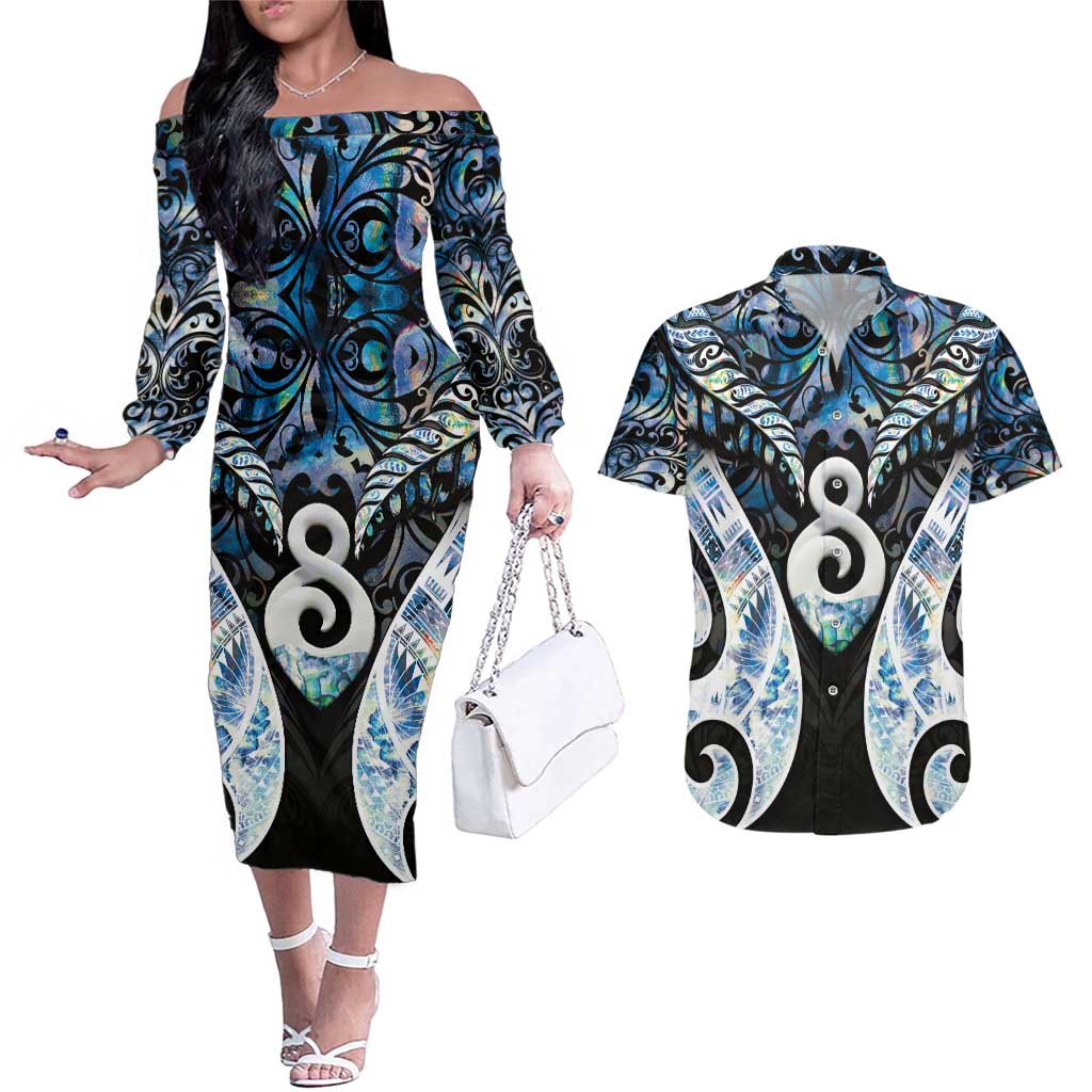 New Zealand Aotearoa Couples Matching Off The Shoulder Long Sleeve Dress and Hawaiian Shirt Pikorua Single Twist Green Paua Shell