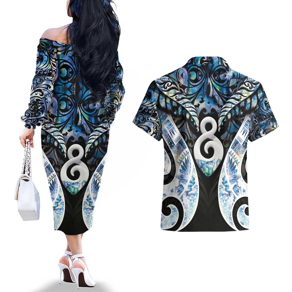 New Zealand Aotearoa Couples Matching Off The Shoulder Long Sleeve Dress and Hawaiian Shirt Pikorua Single Twist Green Paua Shell