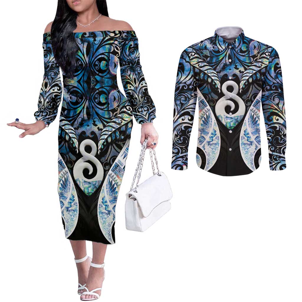 New Zealand Aotearoa Couples Matching Off The Shoulder Long Sleeve Dress and Long Sleeve Button Shirt Pikorua Single Twist Green Paua Shell