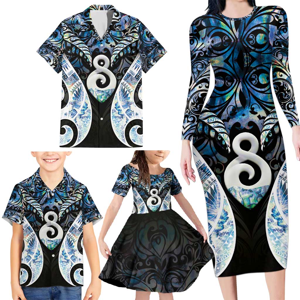 New Zealand Aotearoa Family Matching Long Sleeve Bodycon Dress and Hawaiian Shirt Pikorua Single Twist Green Paua Shell