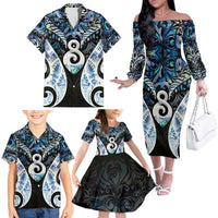 New Zealand Aotearoa Family Matching Off The Shoulder Long Sleeve Dress and Hawaiian Shirt Pikorua Single Twist Green Paua Shell