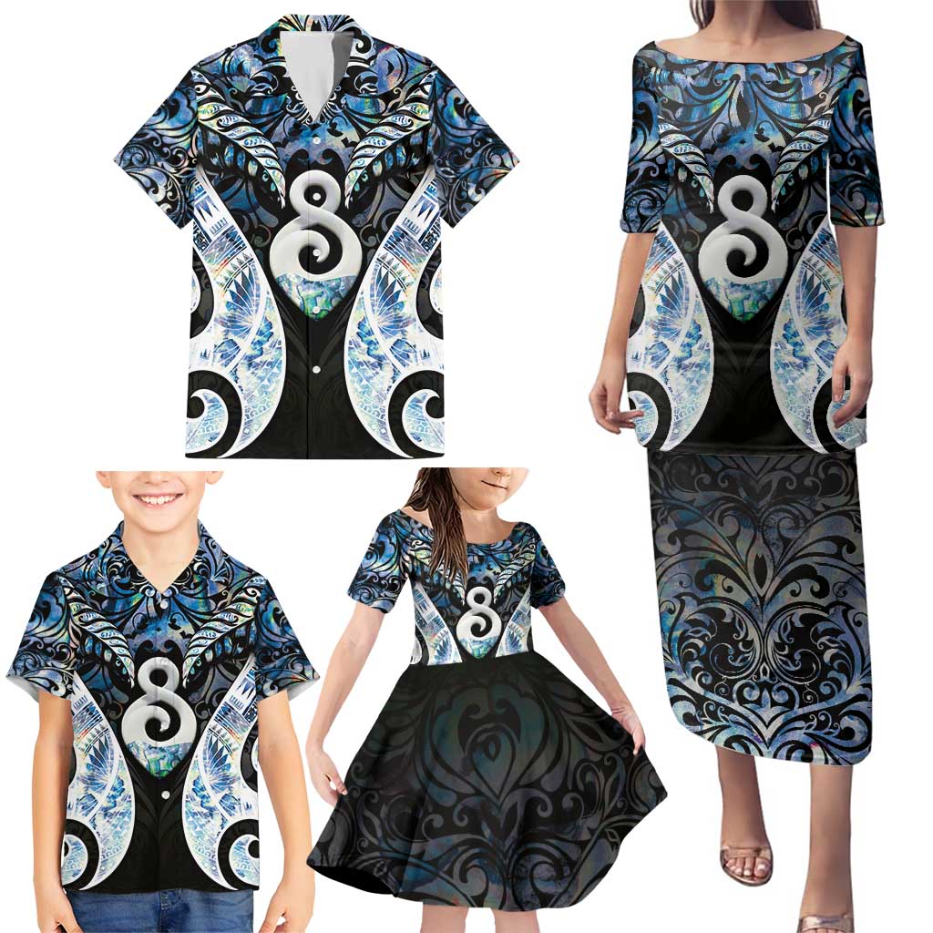 New Zealand Aotearoa Family Matching Puletasi and Hawaiian Shirt Pikorua Single Twist Green Paua Shell