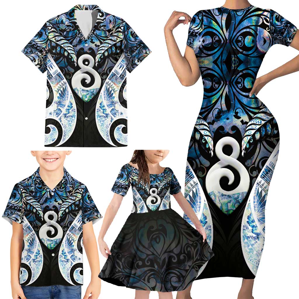 New Zealand Aotearoa Family Matching Short Sleeve Bodycon Dress and Hawaiian Shirt Pikorua Single Twist Green Paua Shell