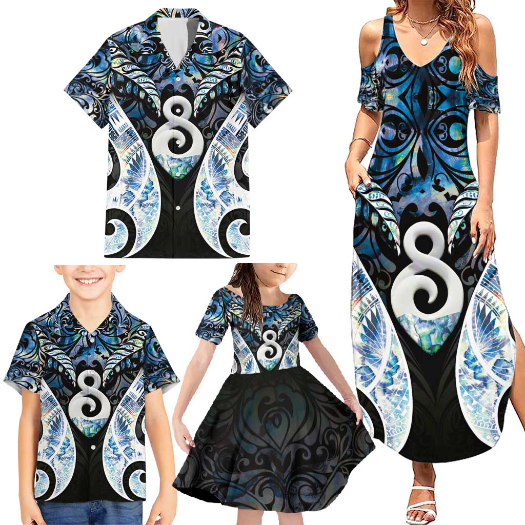 New Zealand Aotearoa Family Matching Summer Maxi Dress and Hawaiian Shirt Pikorua Single Twist Green Paua Shell