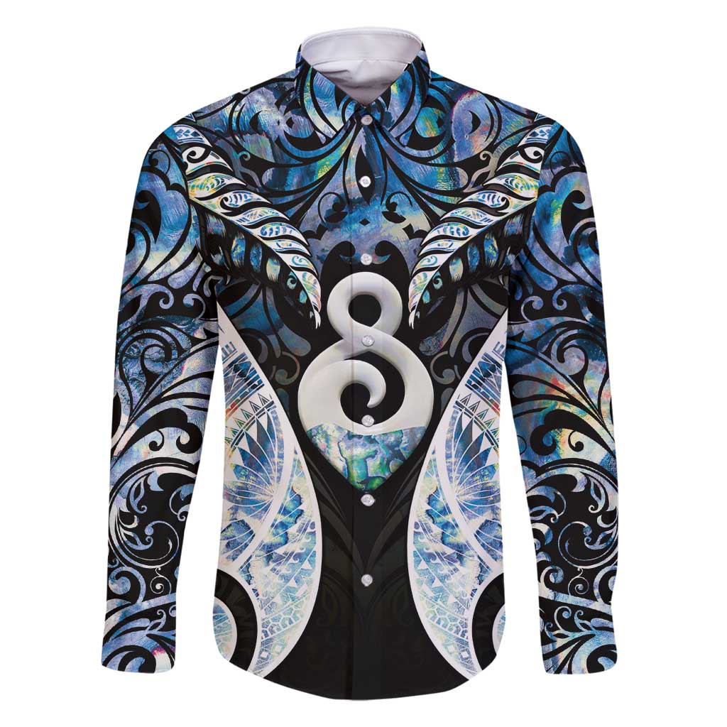 New Zealand Aotearoa Family Matching Summer Maxi Dress and Hawaiian Shirt Pikorua Single Twist Green Paua Shell DT05 Dad's Shirt - Long Sleeve Green - Polynesian Pride