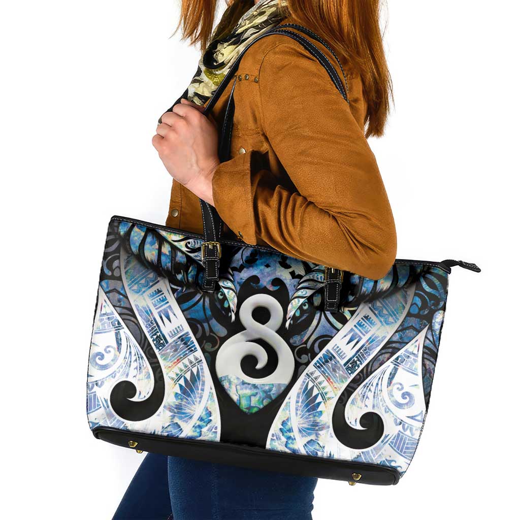 New Zealand Aotearoa Leather Tote Bag Pikorua Single Twist Green Paua Shell DT05 Green - Polynesian Pride