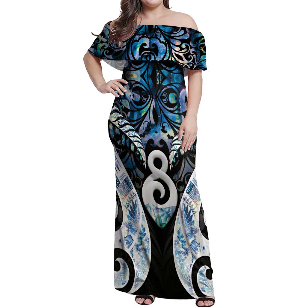 New Zealand Aotearoa Off Shoulder Maxi Dress Pikorua Single Twist Green Paua Shell