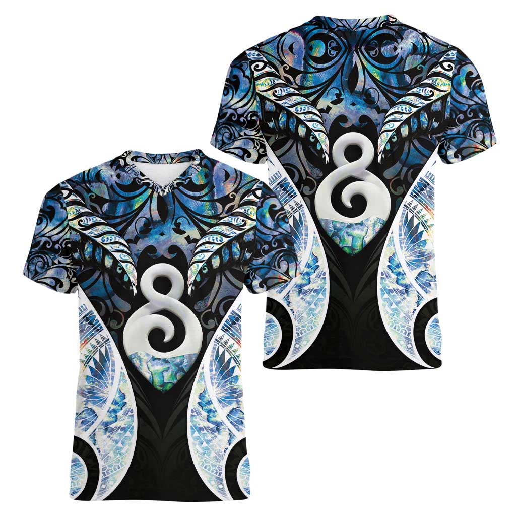 New Zealand Aotearoa Women V-Neck T-Shirt Pikorua Single Twist Green Paua Shell