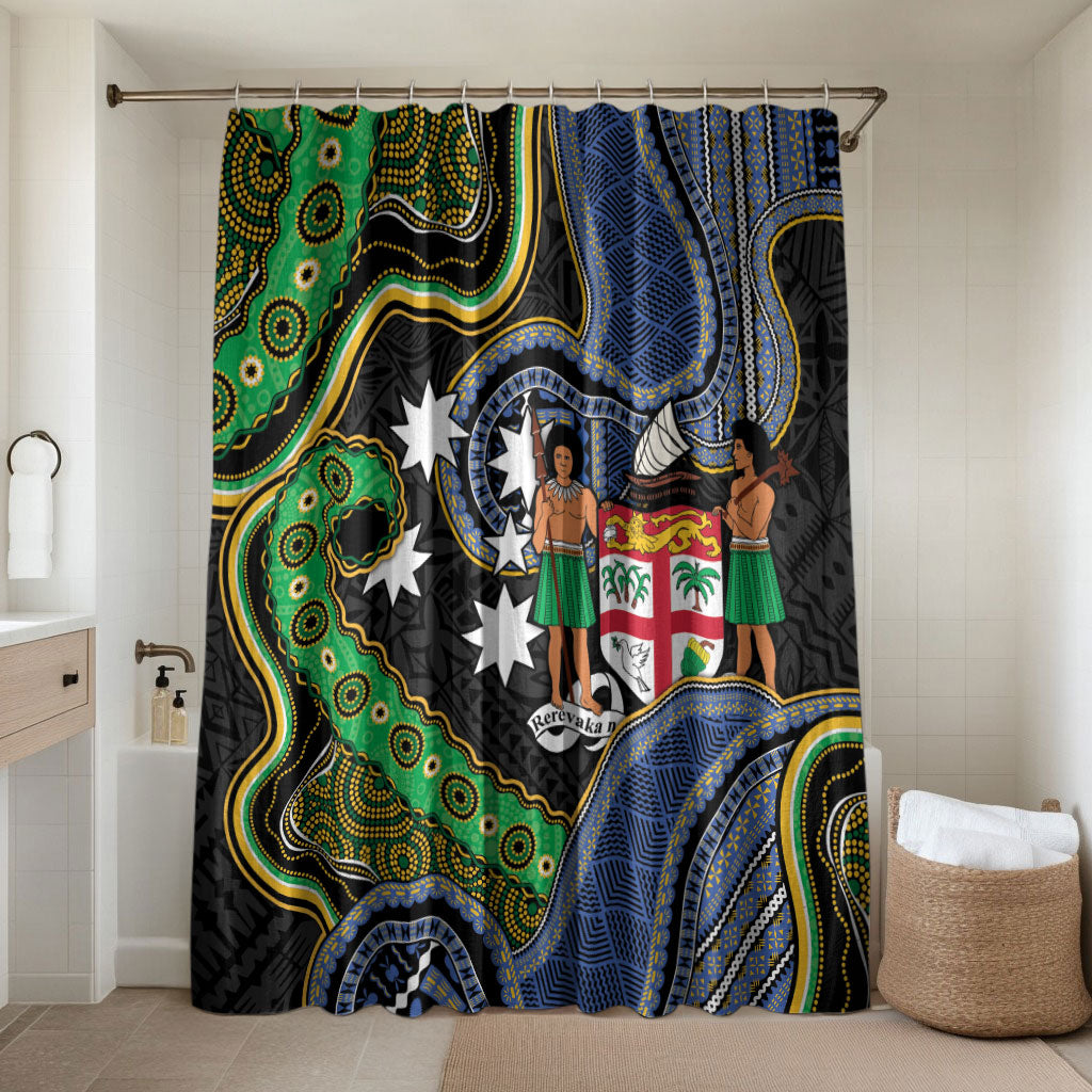 South Sea Islanders And Fiji Bathroom Set Fijian Coat Of Arms And Southern Cross DT05 Shower Curtain Only Black - Polynesian Pride