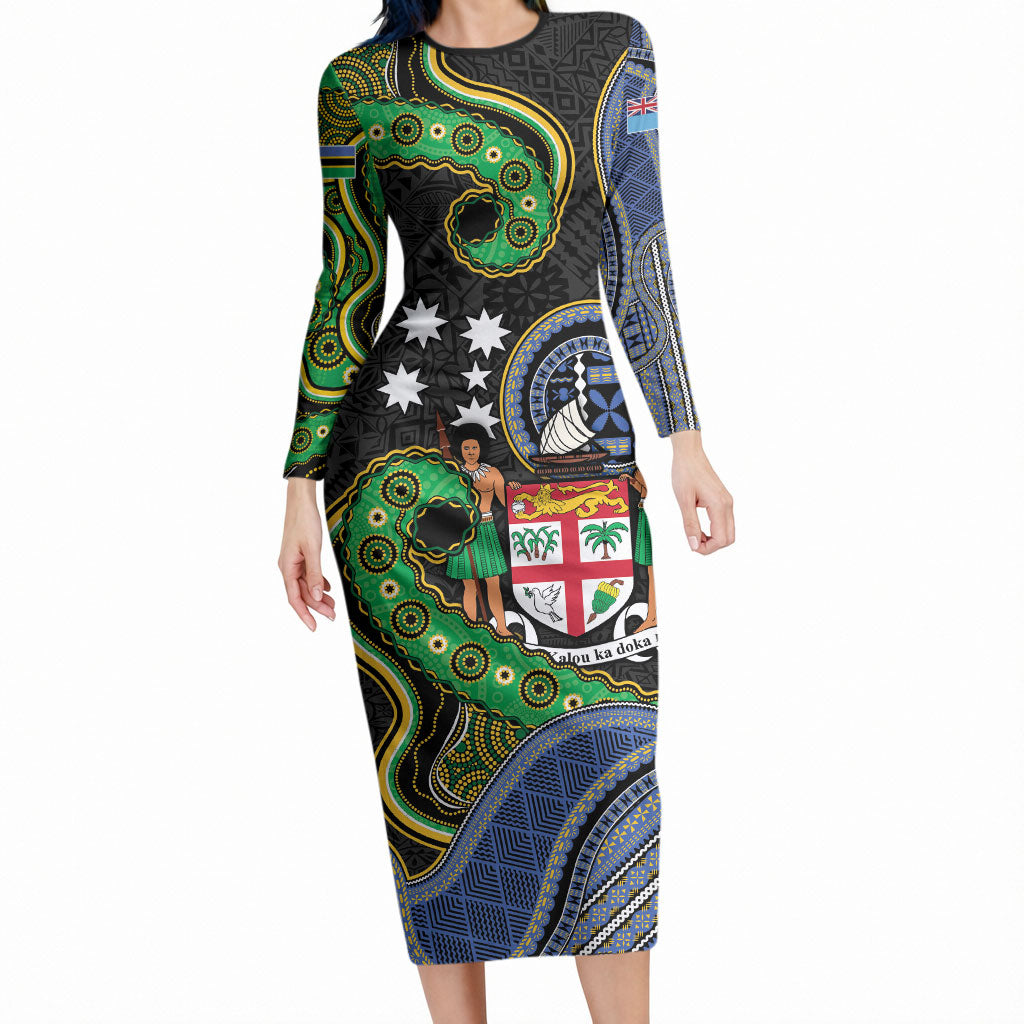 South Sea Islanders And Fiji Long Sleeve Bodycon Dress Fijian Coat Of Arms And Southern Cross DT05 Long Dress Black - Polynesian Pride