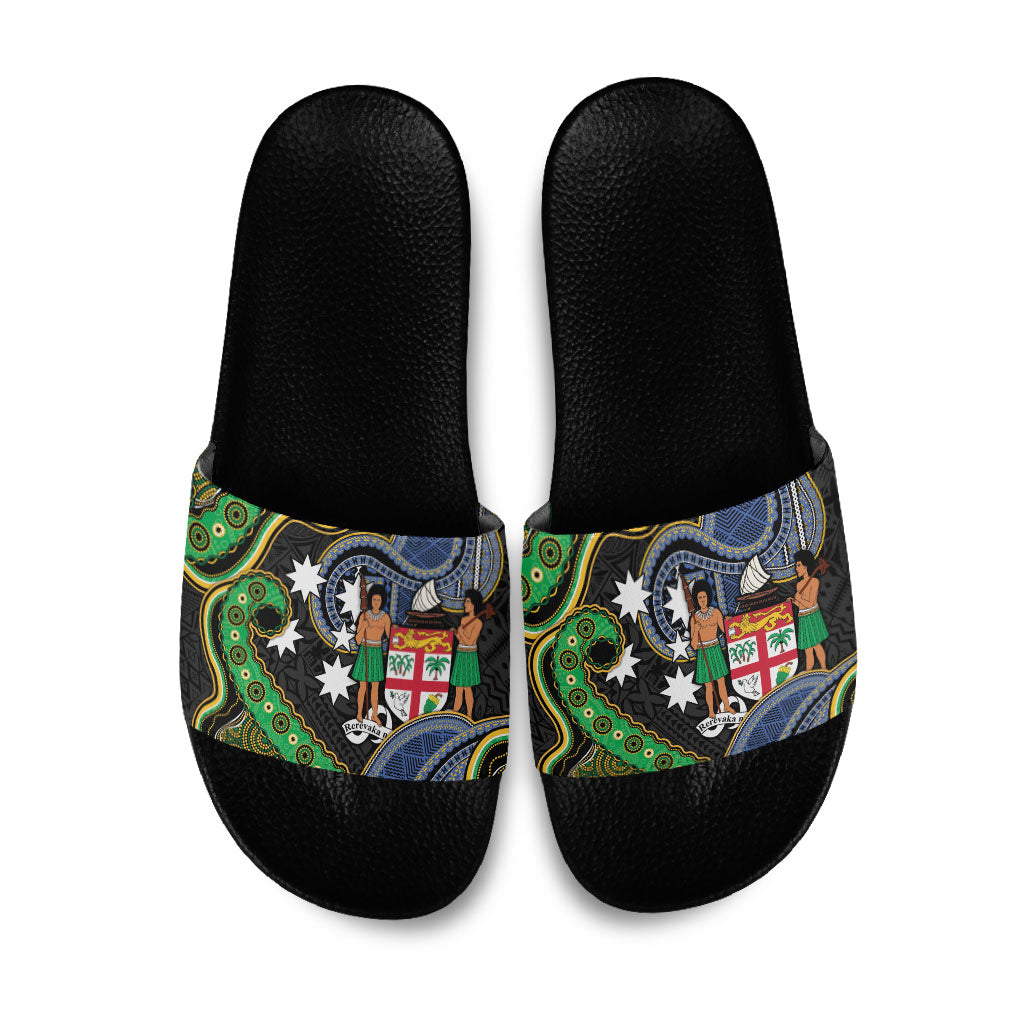 South Sea Islanders And Fiji Slide Sandals Fijian Coat Of Arms And Southern Cross DT05 Black - Polynesian Pride