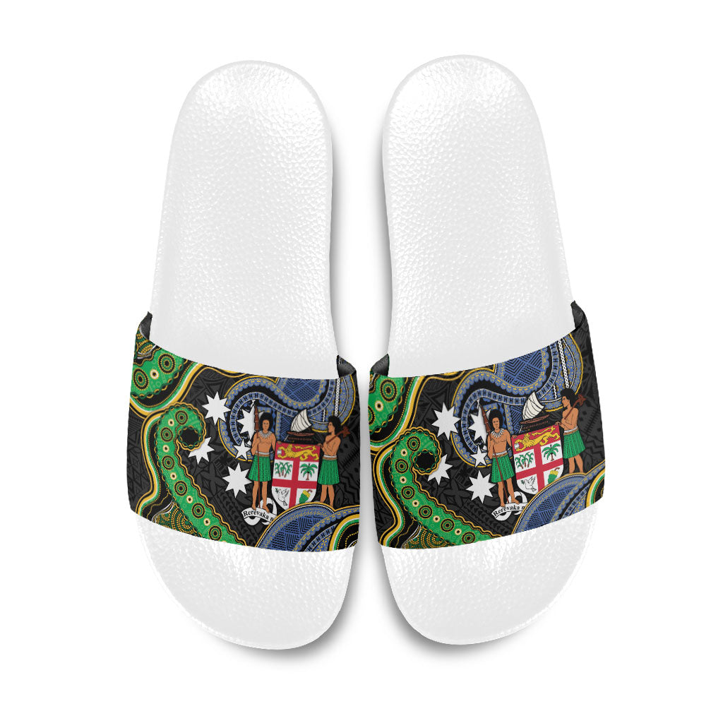 South Sea Islanders And Fiji Slide Sandals Fijian Coat Of Arms And Southern Cross DT05 Black - Polynesian Pride