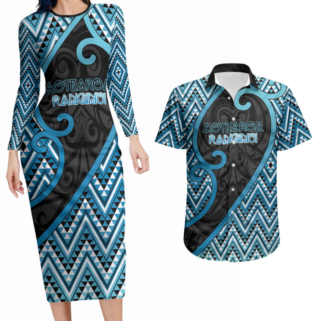 Custom Aotearoa Atua Ranginui Couples Matching Long Sleeve Bodycon Dress and Hawaiian Shirt Maori Sky Father Koru Patterns