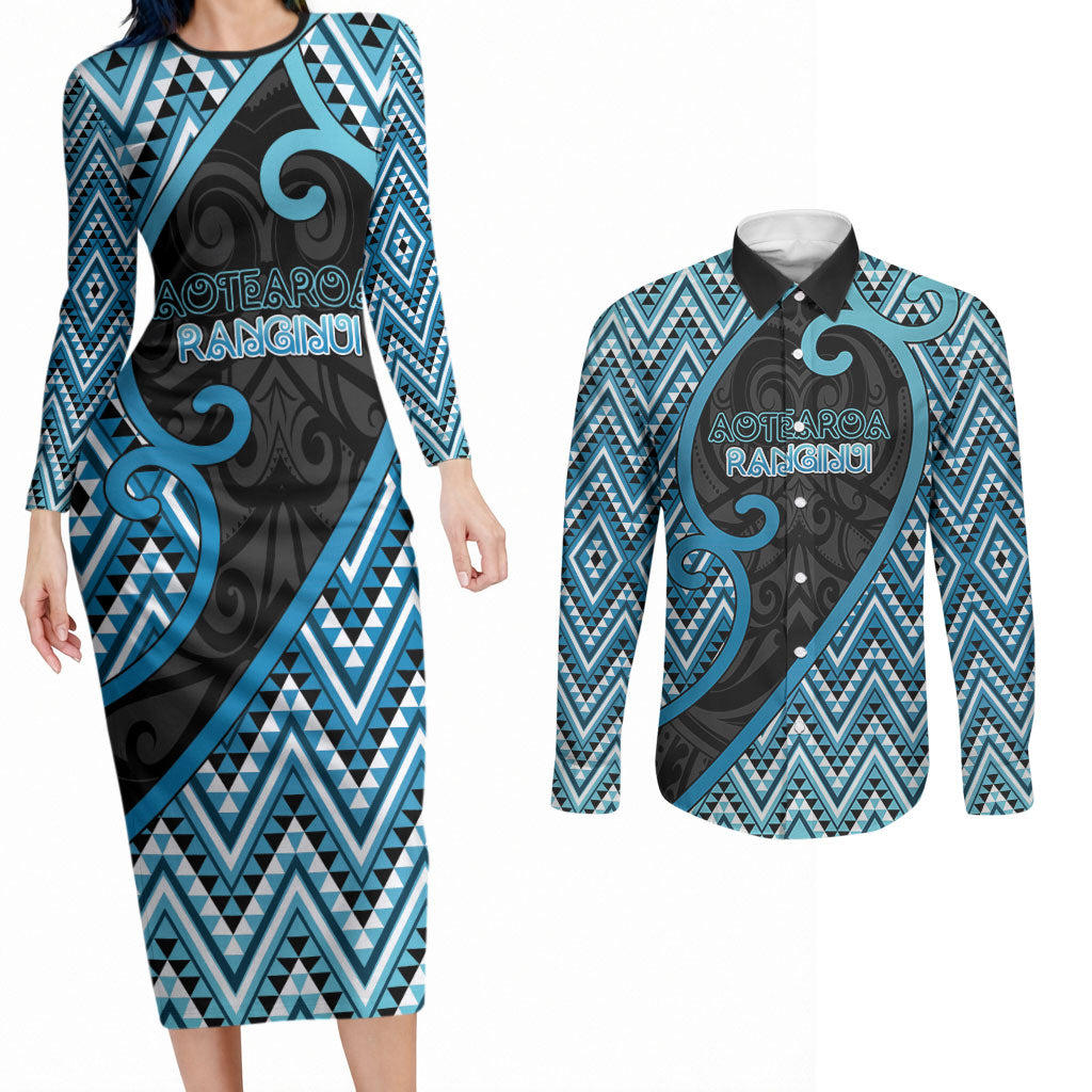 Custom Aotearoa Atua Ranginui Couples Matching Long Sleeve Bodycon Dress and Long Sleeve Button Shirt Maori Sky Father Koru Patterns